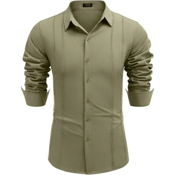 ❤️Mens Green Cuban Shirt Casual Button Down Shirts Long Sleeve Beach  Shirts - Picture 5 of 7